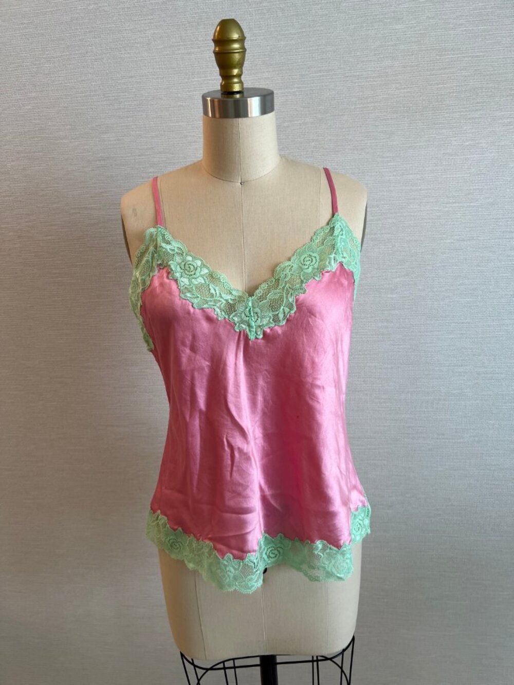 Pink Satin Camisole Mint Lace Trim Adjustable Straps Sleep Tank